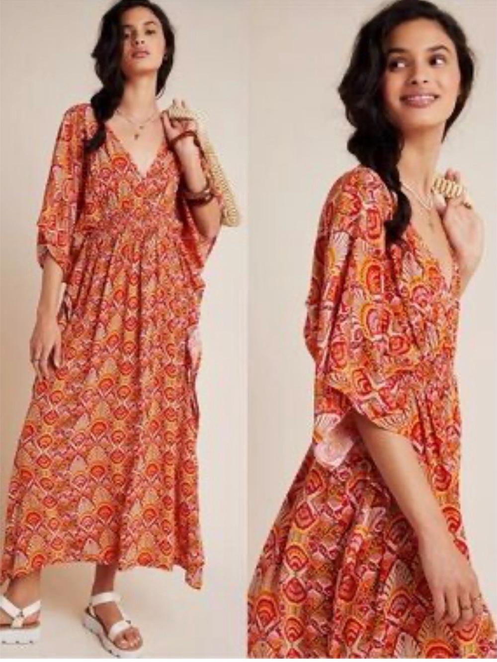 Rujuta Sheth Luminous Orange Boho Kaftan Maxi Dress M/L Anthropologie